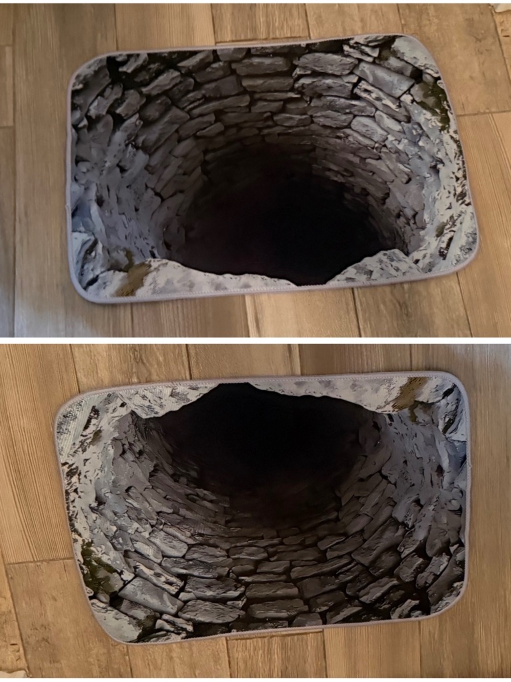 Optical illusion 3D rug carpet stone door mat deep well hole in floor funny